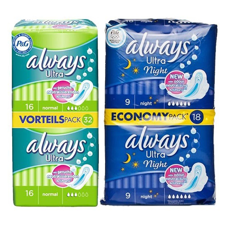 美国always卫生巾组合套装 日用少量无护翼3滴水(32片) 夜用加宽7滴水
